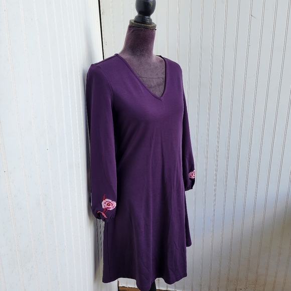 Ann Taylor Shift Dress Purple Floral Embroidered Sleeve V Neck Casual Stretch S - Picture 4 of 15